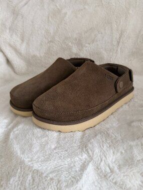 UGG GOLDENSTAR CLOG HICKORY SUEDE PLATFORM WOMEN'S SANDALS SIZE: US 7